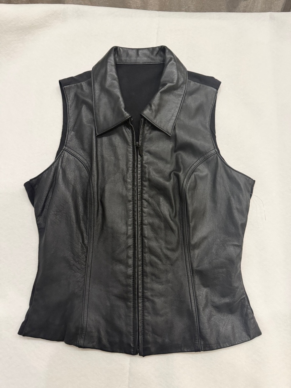 Vintage Wilsons Leather Black Zip Front Vest Genuine Leather Collared Biker